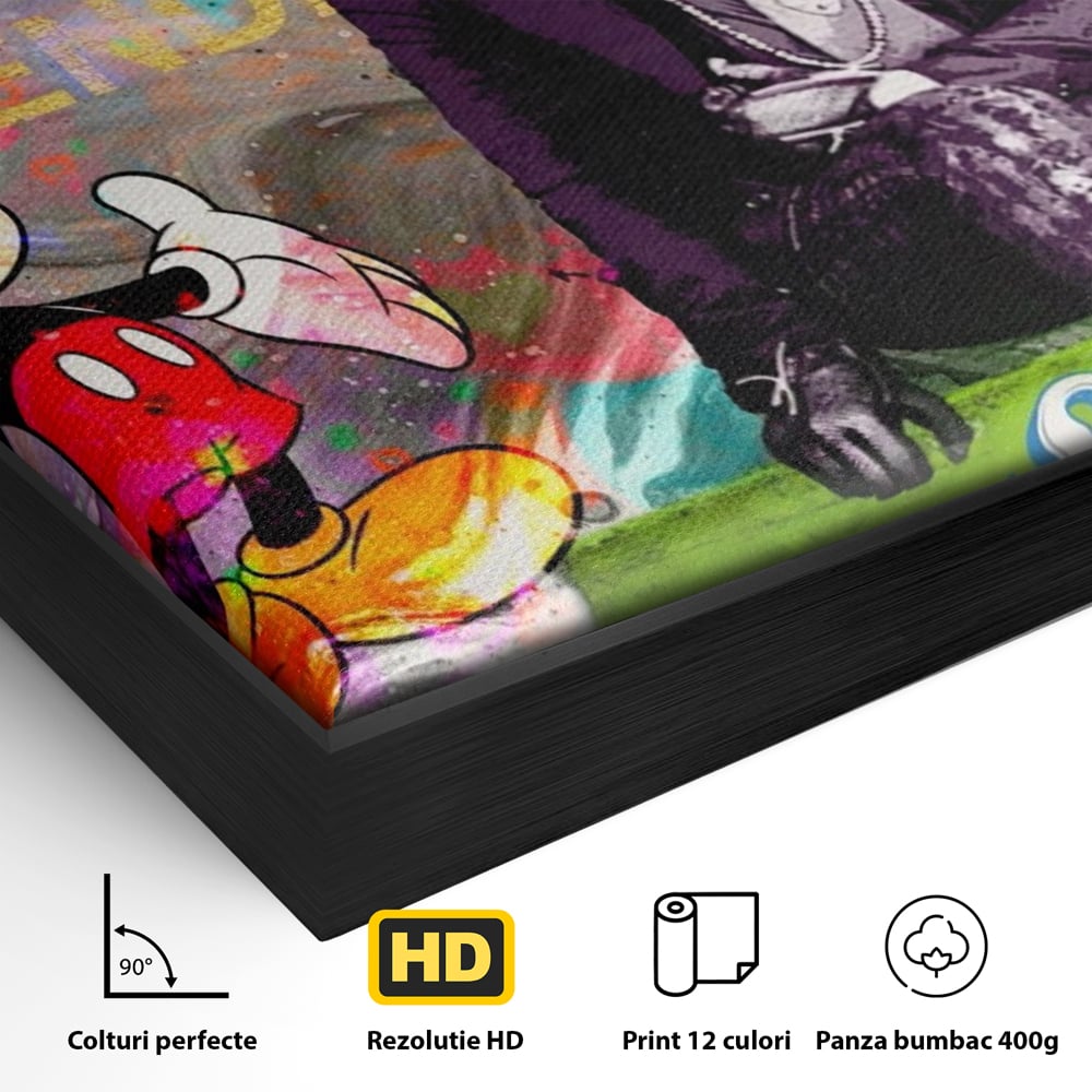 Detaliu al suprafetei: tablou canvas cu mickey mouse si karl lagerfeld, in rama de aluminiu negru